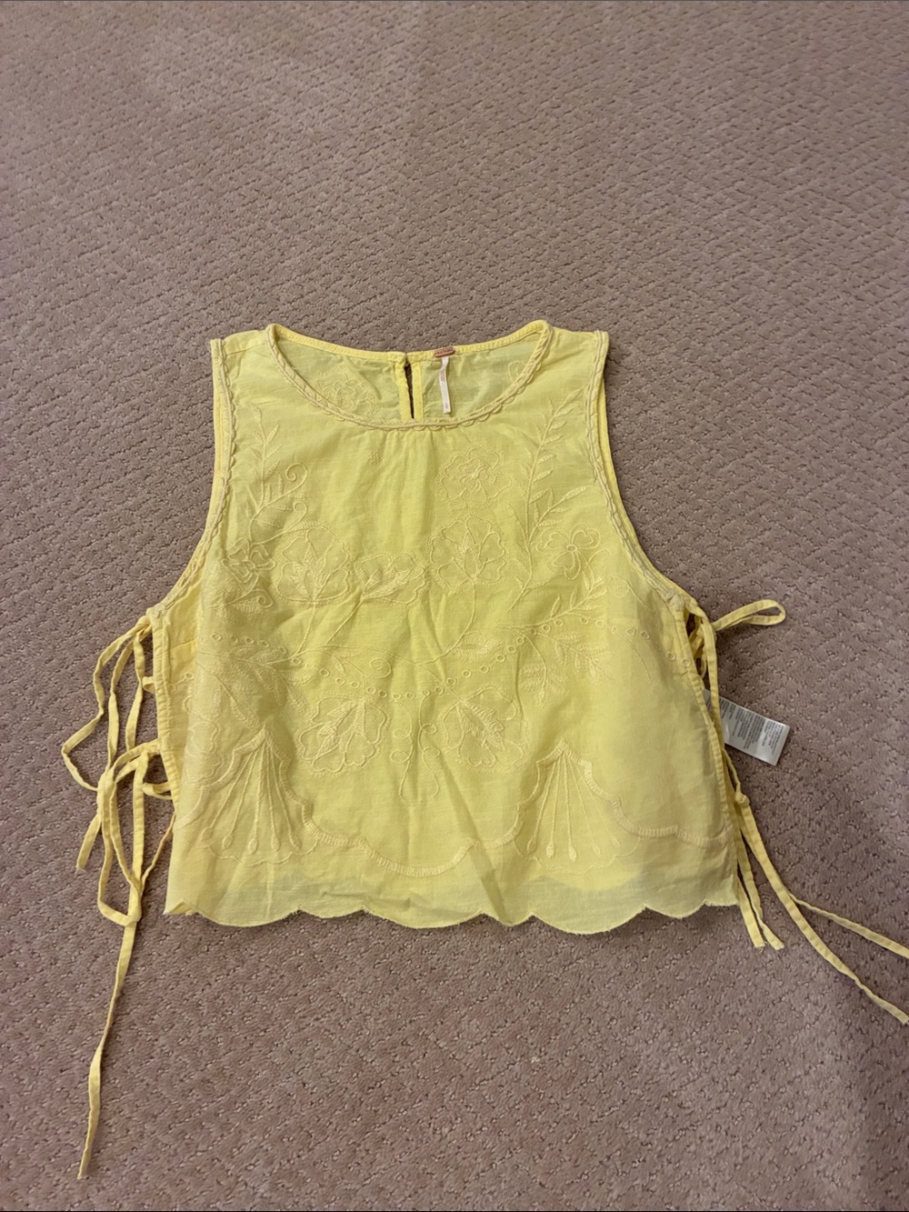 Free People Pale Yellow Embroidered Side-Tie Tank
